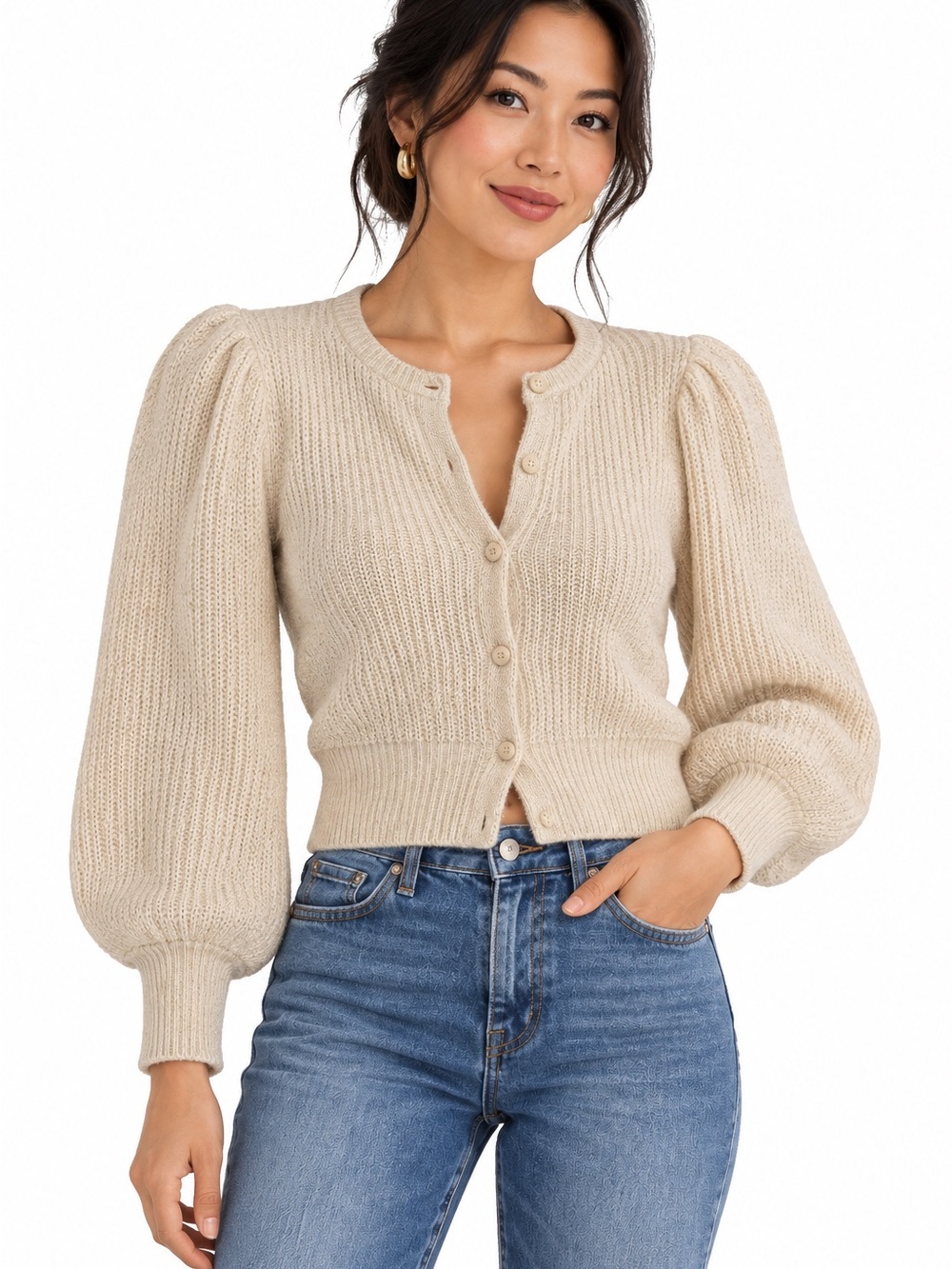 J. Crew Cream Puff-Sleeve Cropped Button Cardigan